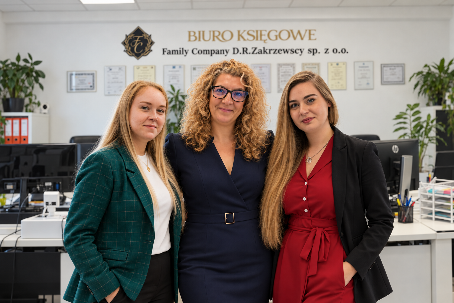 Dorota Zakrzewska z zespołem Family Company na tle biura w Nadarzynie